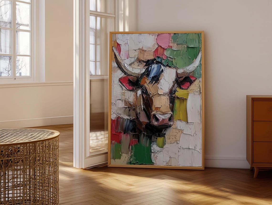 Colorful Abstract Impasto Bull Portrait with Pink Ears Painting Poster - Image 6