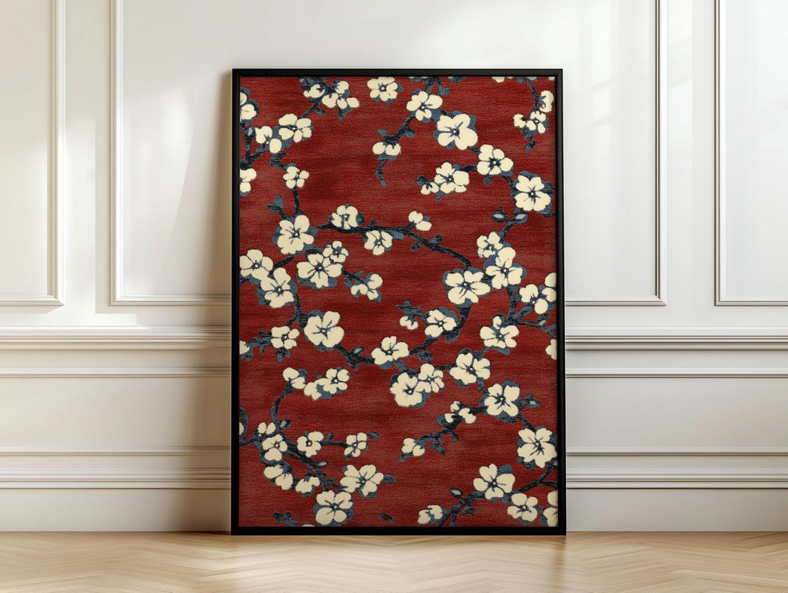 White Blossoms On Deep Crimson Chinoiserie Textile Style Poster - Image 7