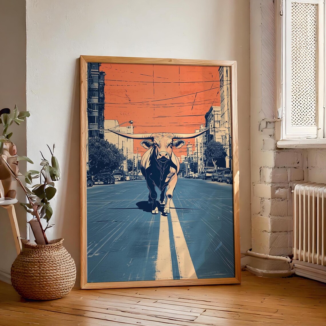 Texas Longhorn Wall Art, Urban Cityscape Poster Print
