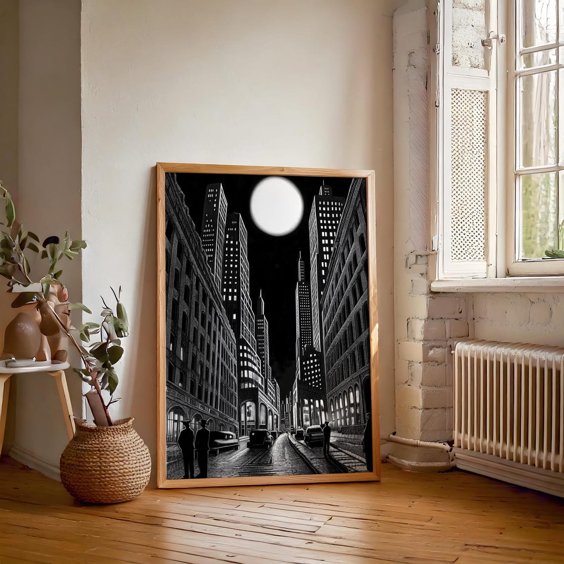 Gothic City Street Under a Giant Full Moon Ink Drawing Poster - Image 6