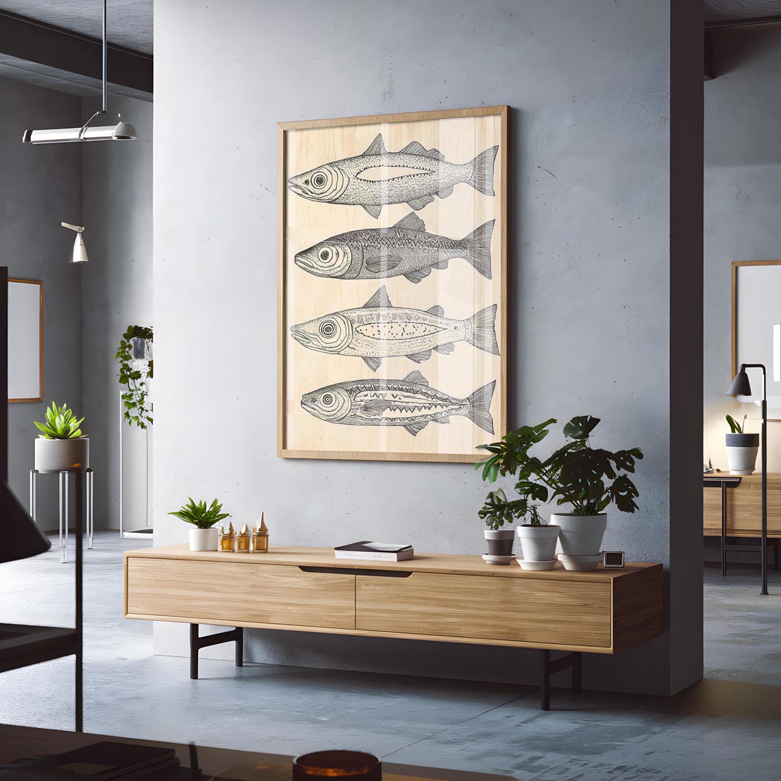 Woodcut Fish Print Wall Art Folk Art Inspired Prints Nautical Coastal Decor Neutral Boho Wall Hanging - Image 3