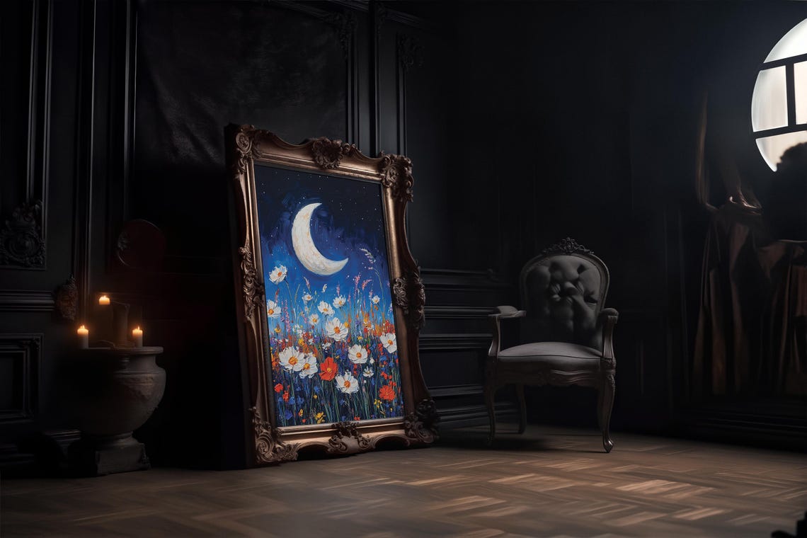 Crescent Moon Oil Painting Gothic Whimsigoth Decor Wall Art Macabre Painting Dark Academia Moody Wall Hanging Art - Image 2