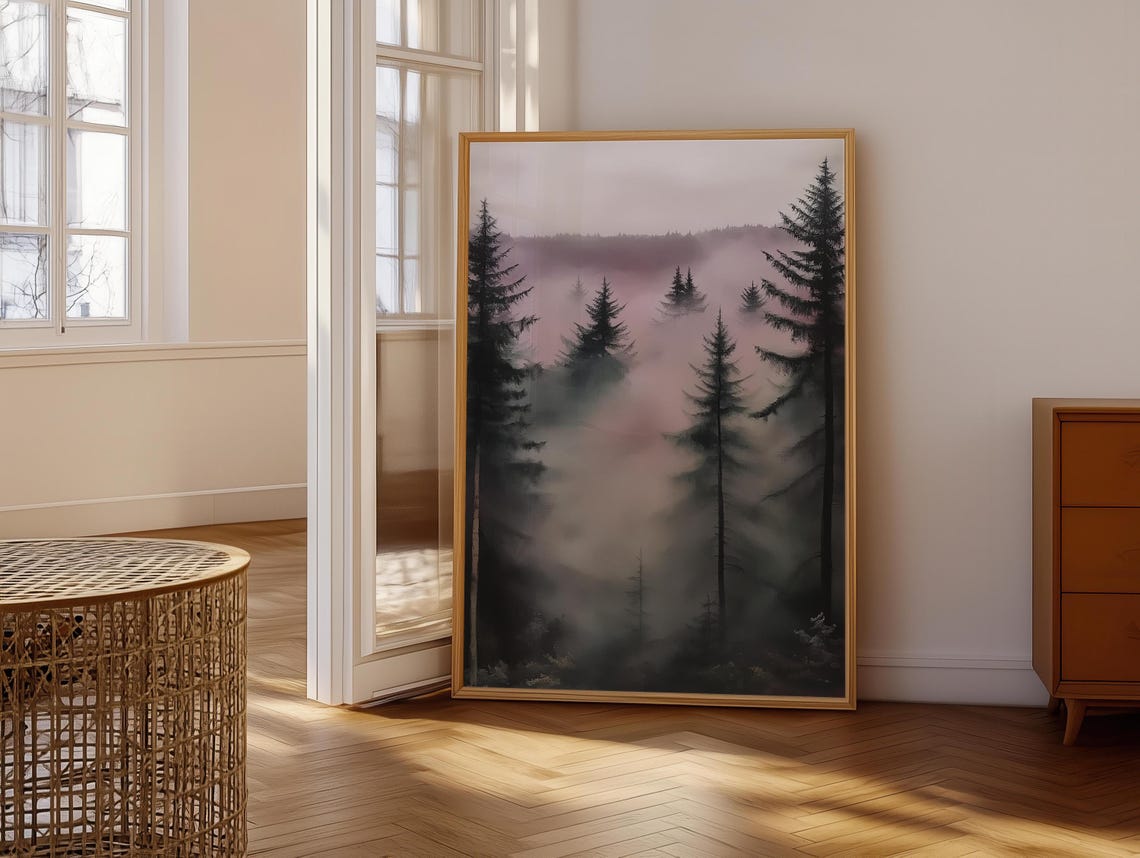 Moody Dark Pine Forest Shrouded in Thick Pink Gray Fog Poster - Image 6