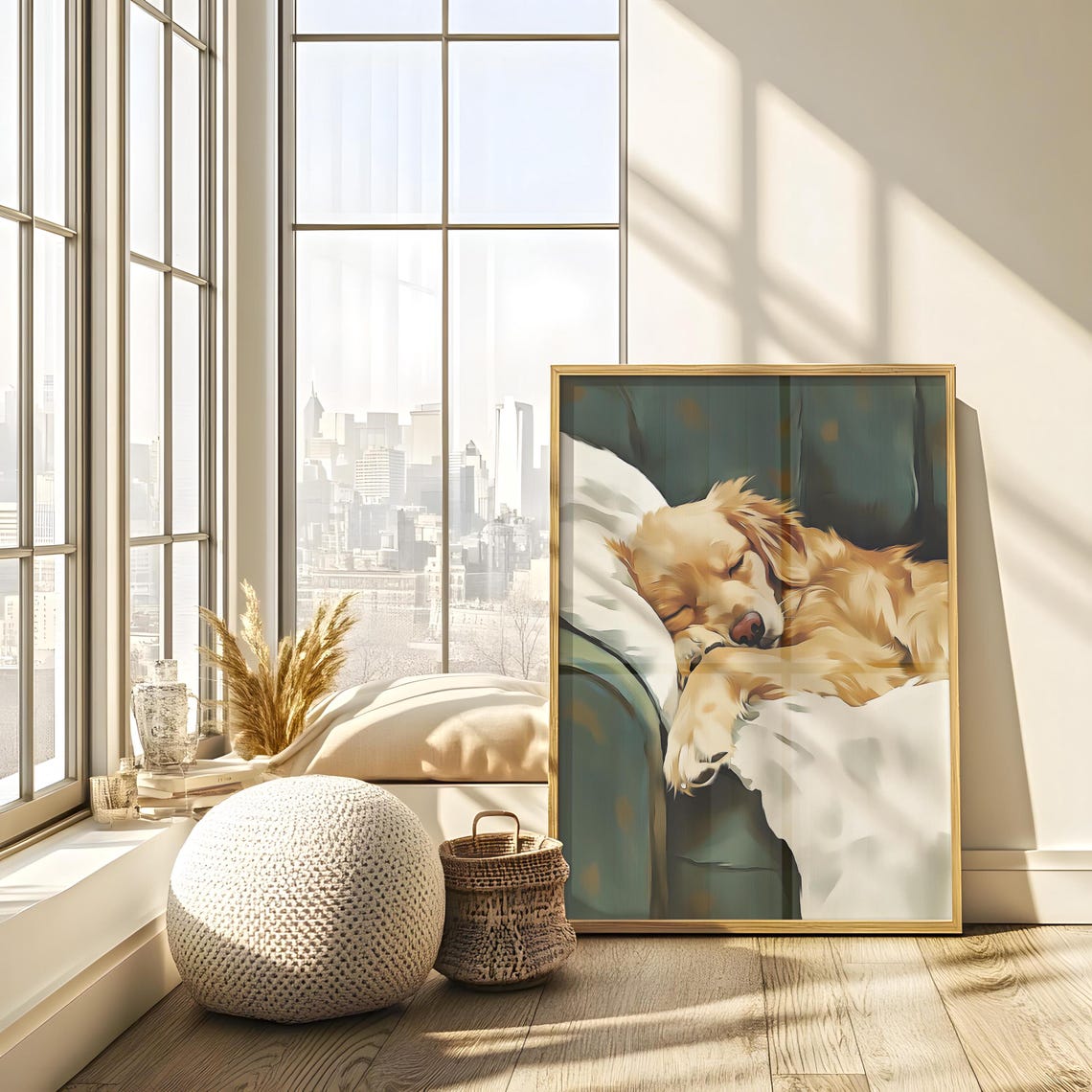 Golden Retriever Puppy Sleeping on Green Couch Soft Painting Poster - Image 2