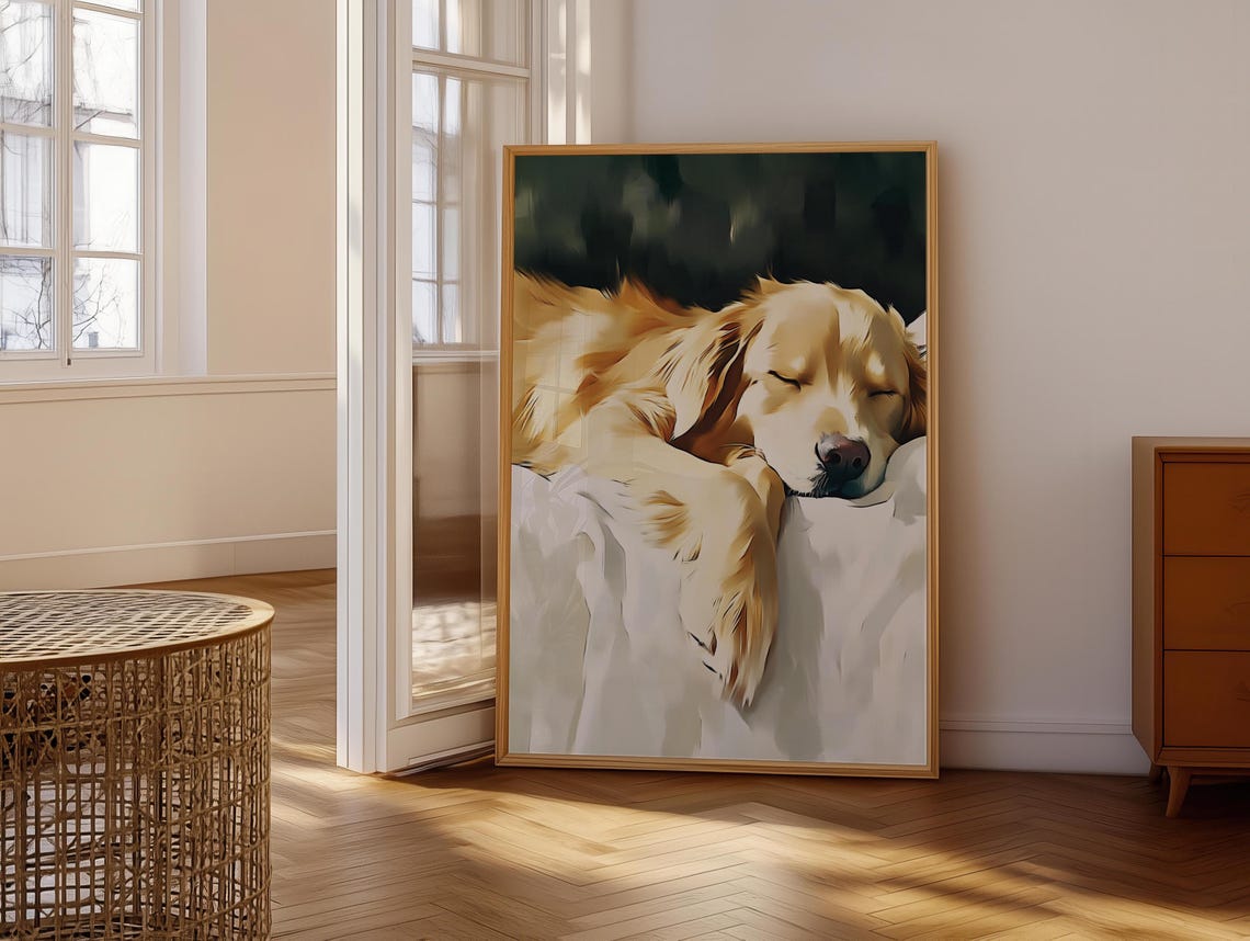 Golden Retriever Napping on White Blanket Soft Painterly Dog Poster - Image 6