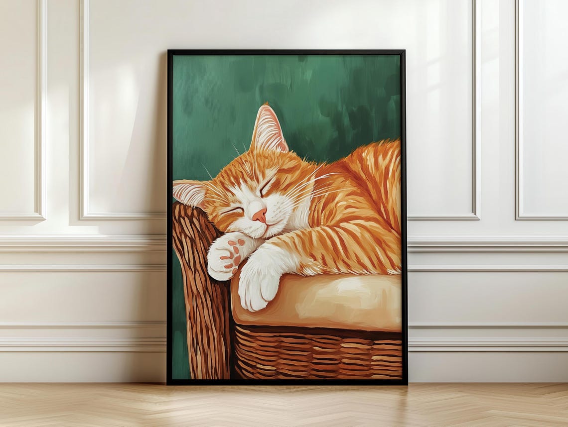Sleeping Orange Tabby Cat on Wicker Basket Cozy Green Poster - Image 7