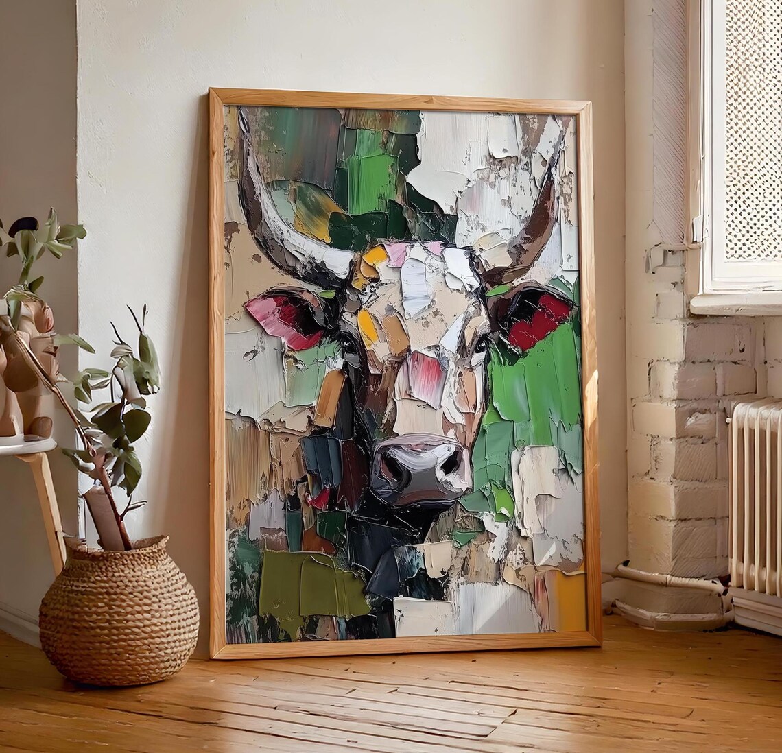 Abstract Impasto Cow Portrait with Green Accents Painting Poster