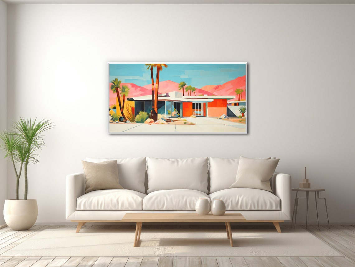 Palm Springs Retro Home Pink Mountains Palms Desert Modern Wall Art - Image 3