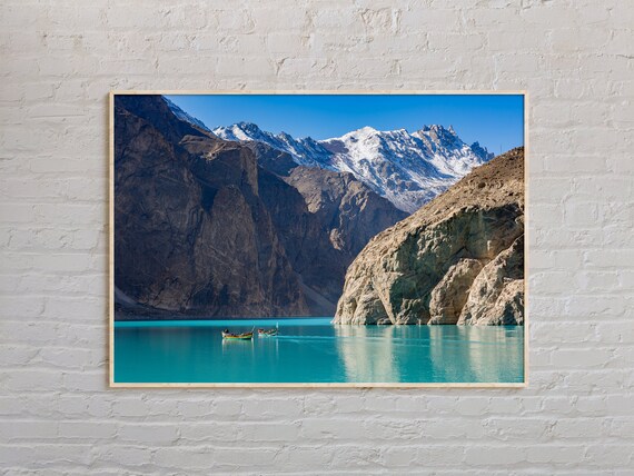 Turquoise Mountain Lake With Boats Snowy Peaks Landscape Photo Poster