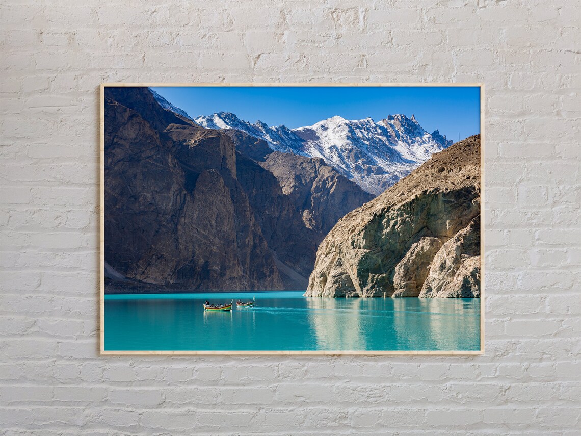 Turquoise Mountain Lake With Boats Snowy Peaks Landscape Photo Poster