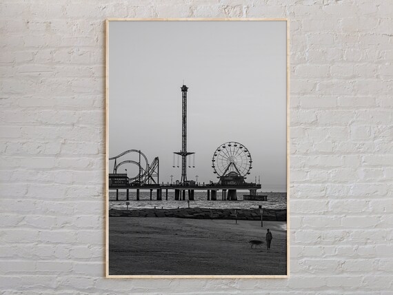Galveston Texas Pleasure Pier Ferris Wheel Black White Photo Poster