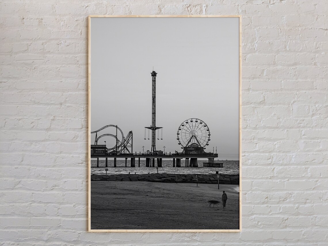 Galveston Texas Pleasure Pier Ferris Wheel Black White Photo Poster