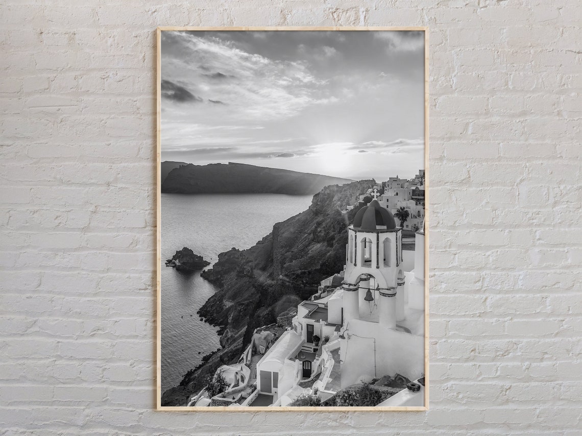 Santorini Greece Bell Tower Sunset Black And White Photo Poster