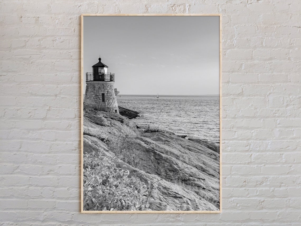 Black and White Rhode Island Rocky Coastal Lighthouse Poster