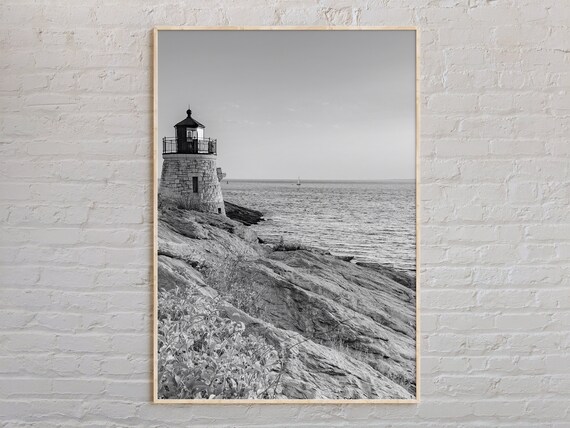 Black and White Rhode Island Rocky Coastal Lighthouse Poster