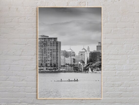 Oakland City Skyline Lake Black And White Photography Poster