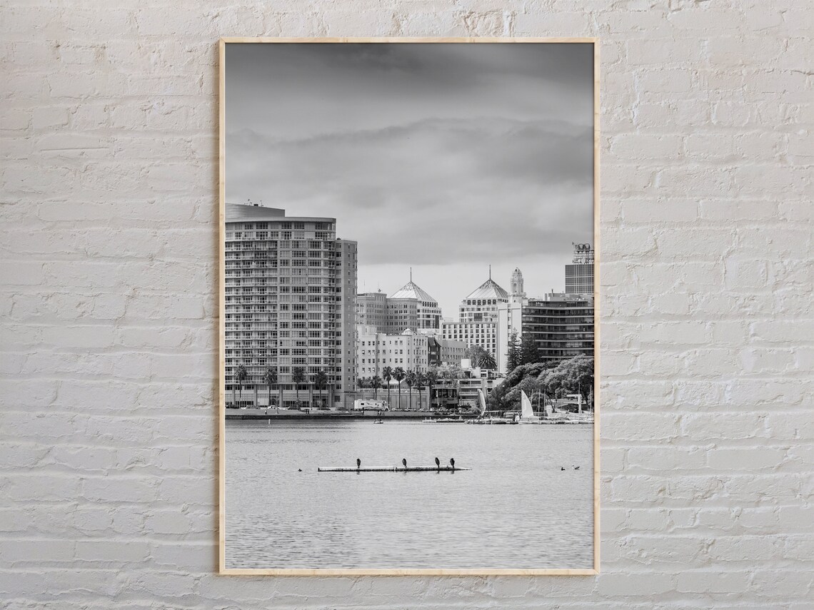 Oakland City Skyline Lake Black And White Photography Poster