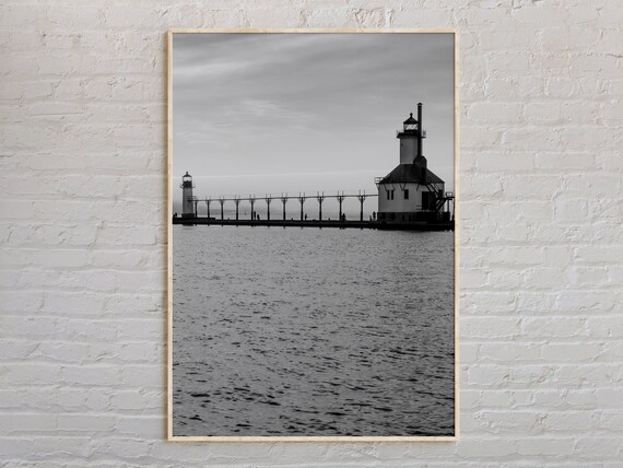 Lake Michigan Lighthouse Pier Black and White Waterfront Poster