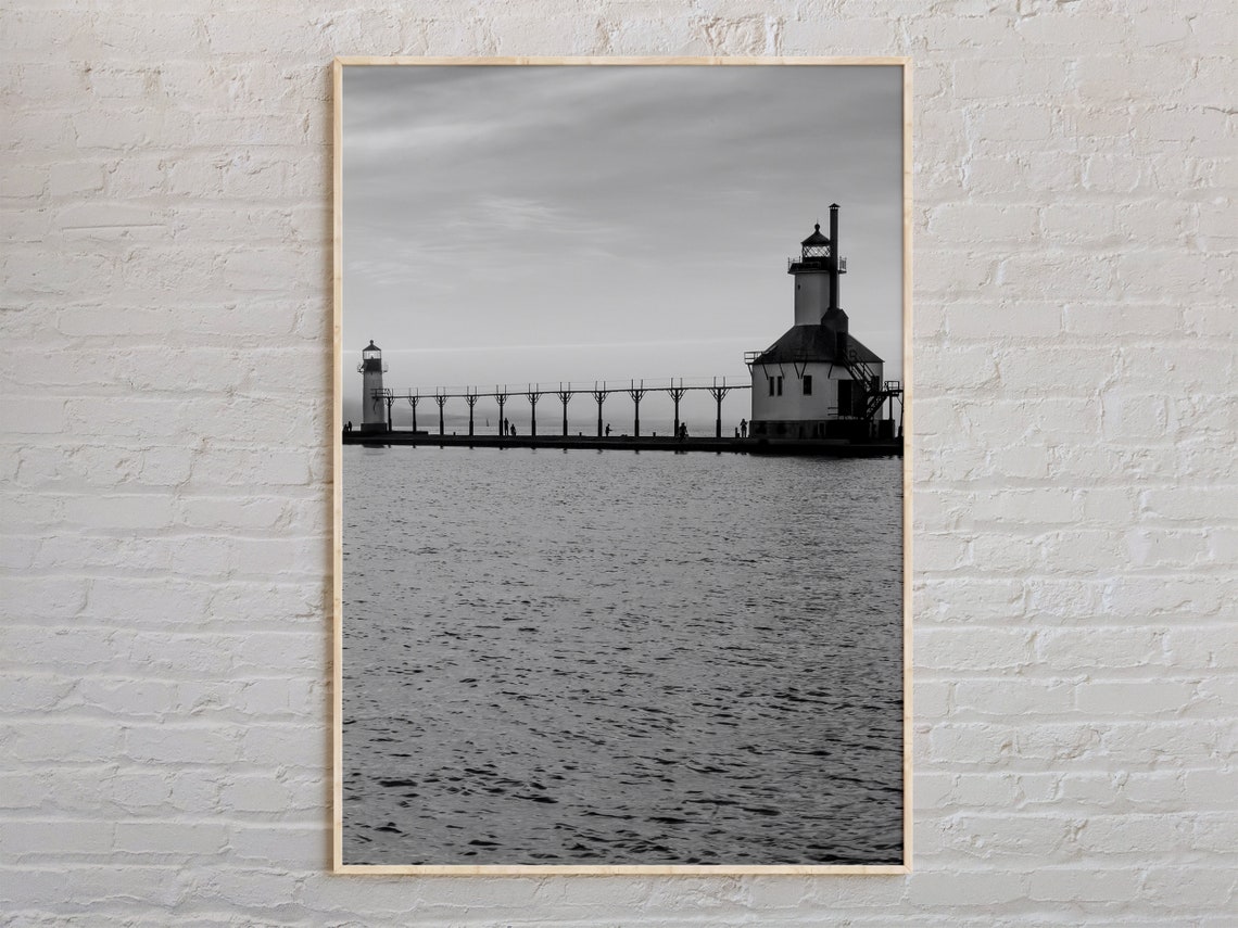 Lake Michigan Lighthouse Pier Black and White Waterfront Poster