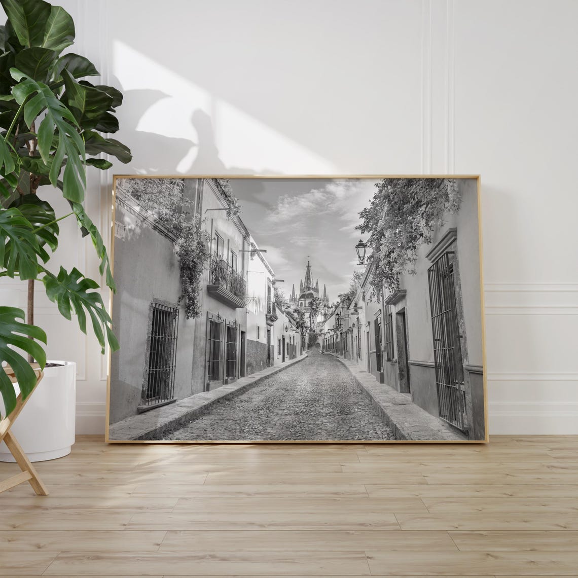 San Miguel de Allende Cobblestone Street Black and White Poster - Image 2