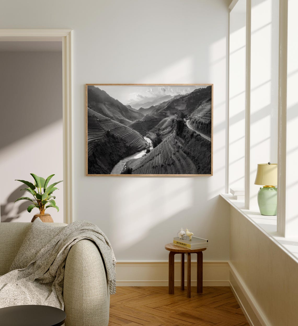 Vietnam Terraced Rice Fields Black and White Mountain Valley Poster - Image 5