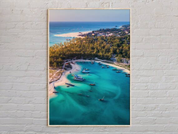 Zanzibar Island Aerial Turquoise Bay with Boats Travel Poster