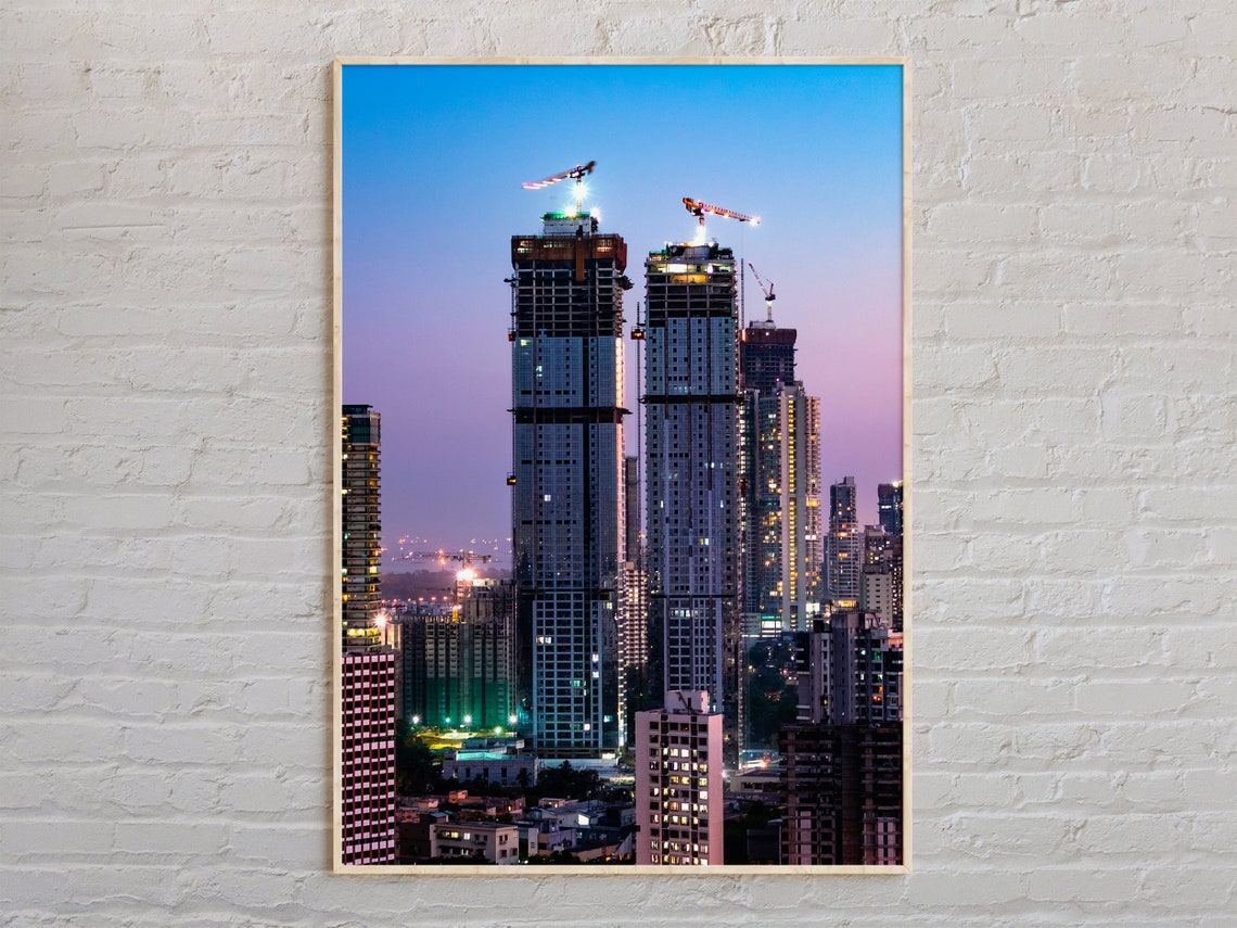 Mumbai Skyline at Dusk Skyscrapers Cranes Cityscape Travel Poster