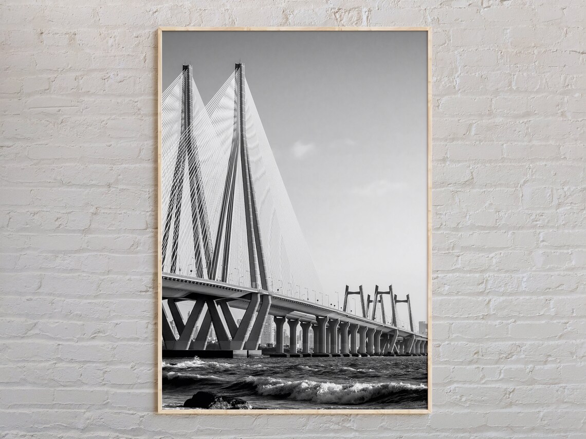 Mumbai Bandra Worli Sea Link Bridge Black And White Photo Poster