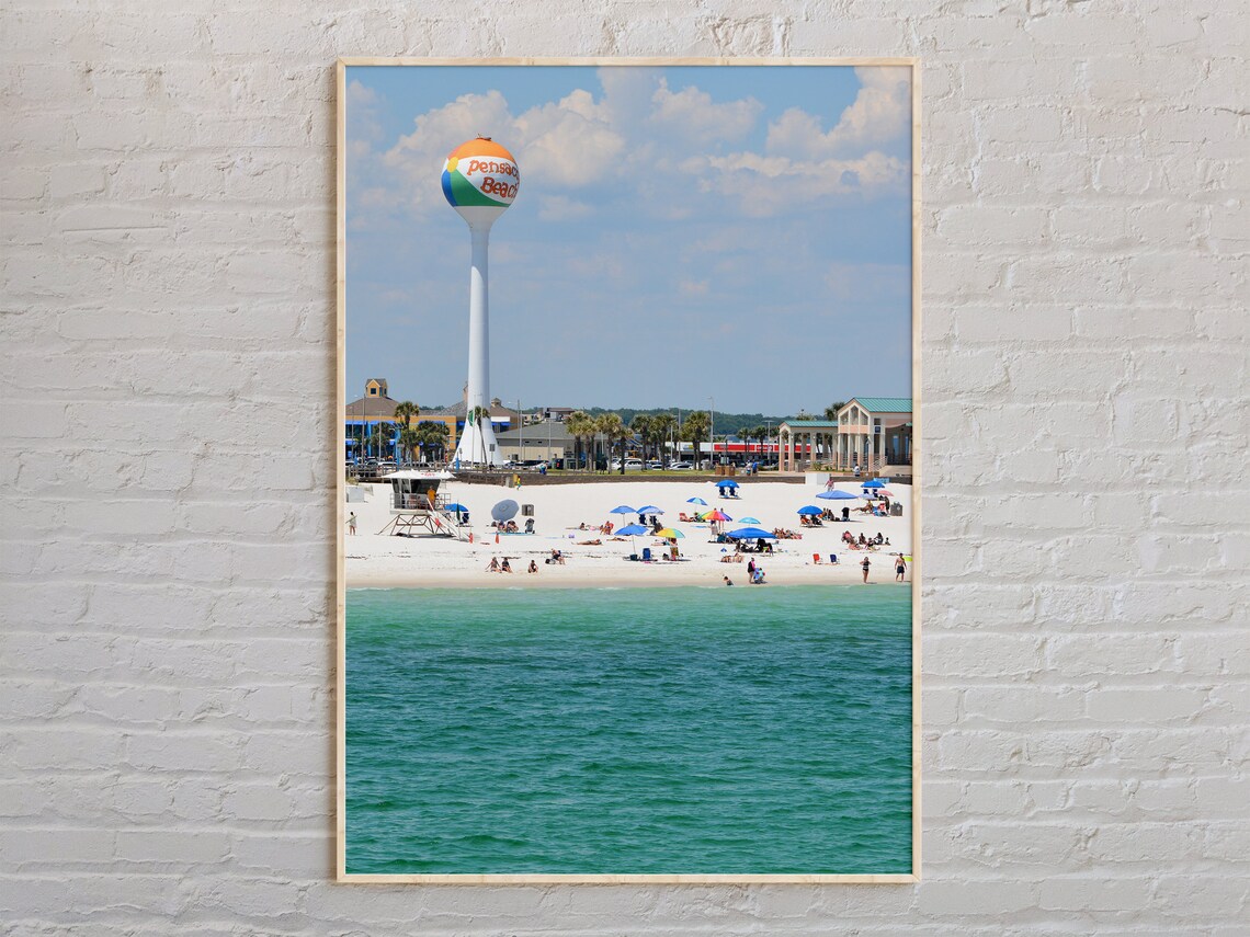 Pensacola Beach Florida Water Tower Real Photo Beach Umbrella Travel Poster