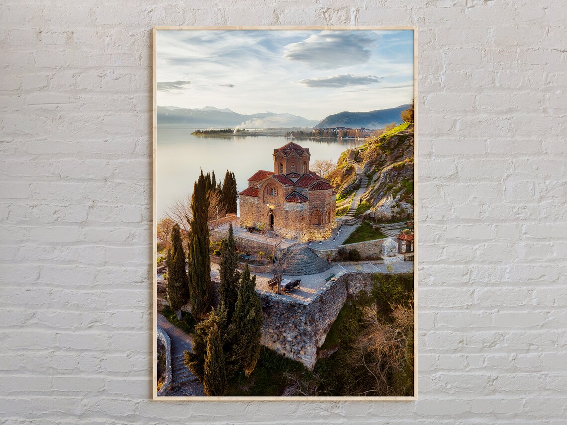Lakeside Stone Church Cliff Sunrise Serene Lake Travel Photo Poster