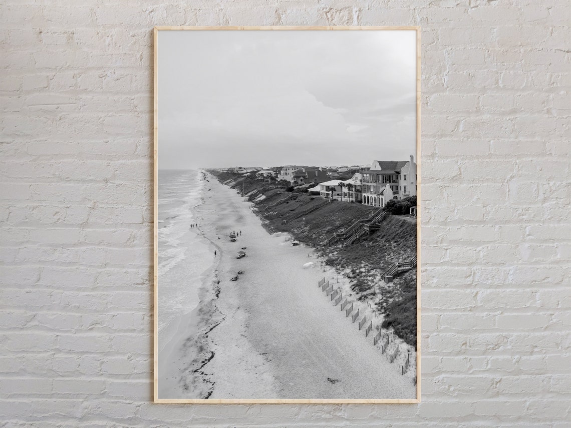 Aerial Beach Houses Dunes Coast Black And White Photo Poster