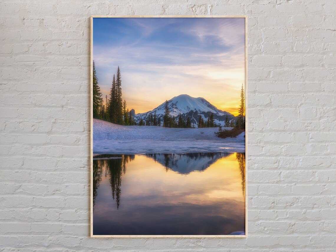 Real Photo Mount Rainier Sunset Golden Lake Reflection Poster
