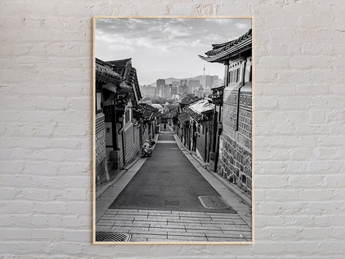 Seoul Bukchon Hanok Village Street Black and White Travel Photo Poster