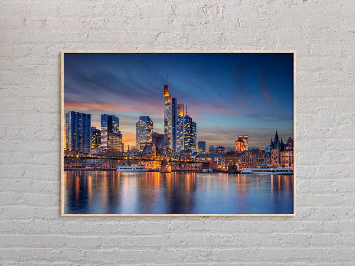 Frankfurt Am Main Germany Skyline Dusk River Landscape Poster