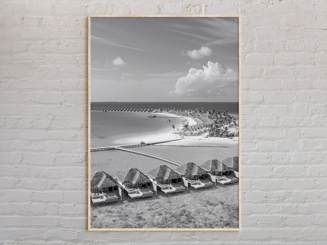 Maldives Overwater Bungalows Aerial Black White Island Poster