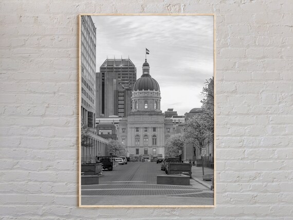 Indiana Statehouse Dome Indianapolis Black and White City Poster
