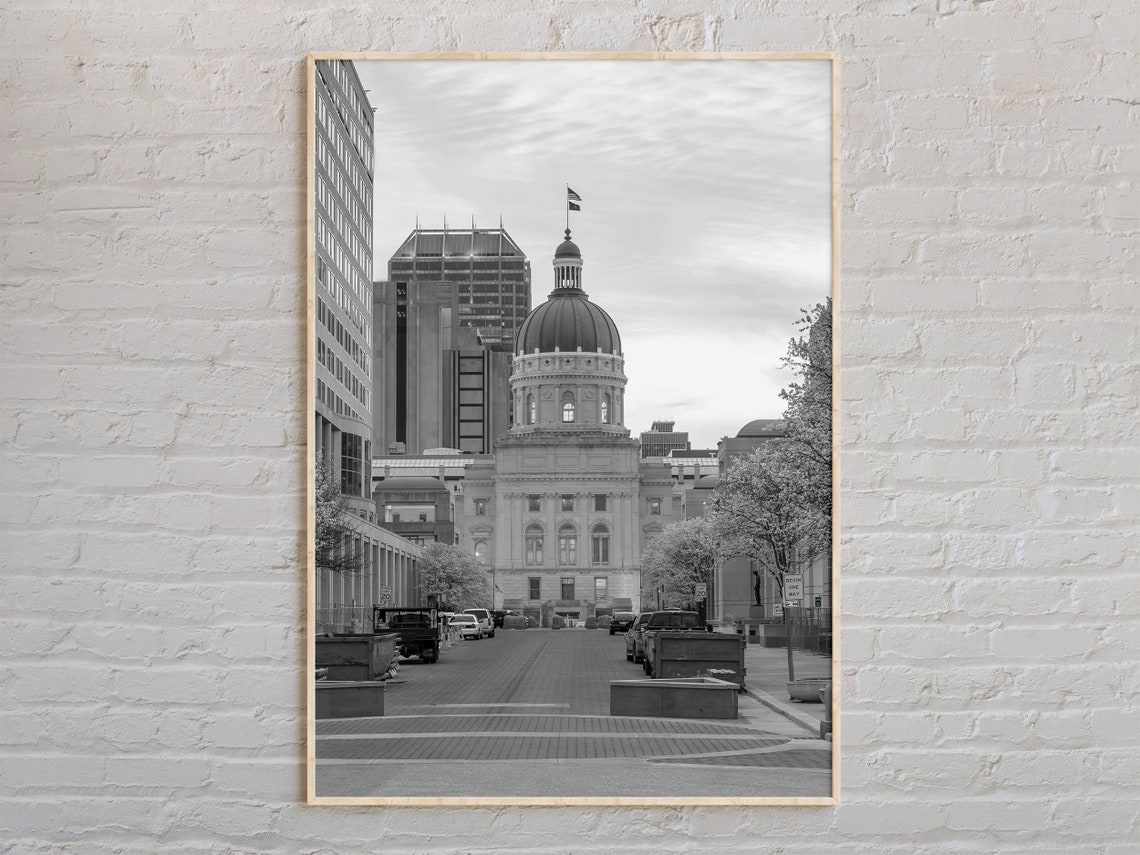 Indiana Statehouse Dome Indianapolis Black and White City Poster