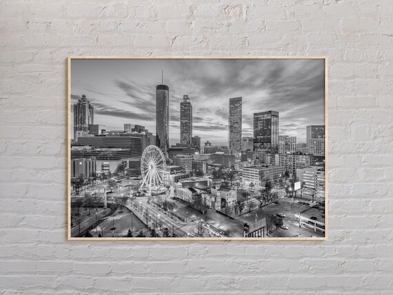 Atlanta Georgia Skyline Ferris Wheel Black And White Photography Poster