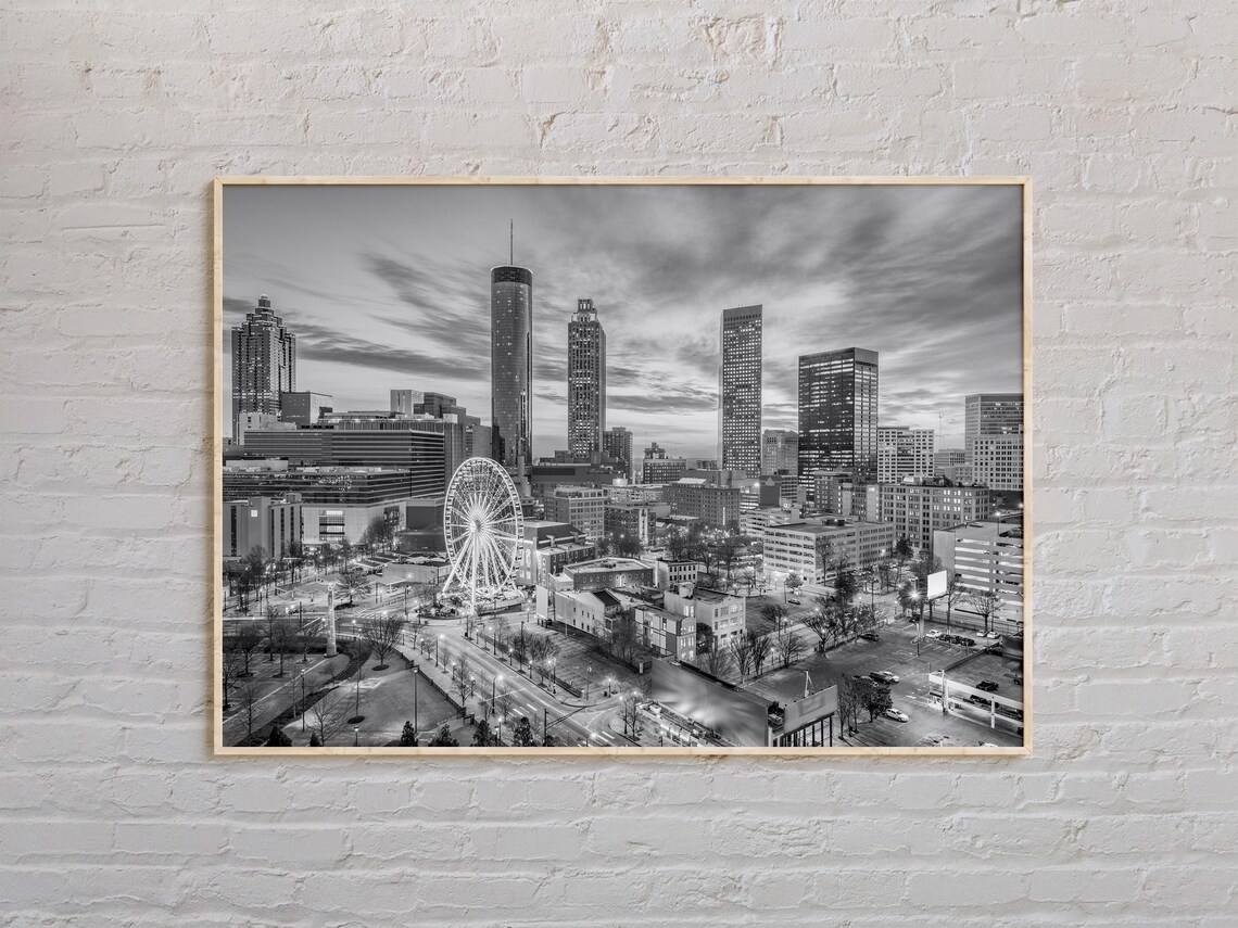 Atlanta Georgia Skyline Ferris Wheel Black And White Photography Poster