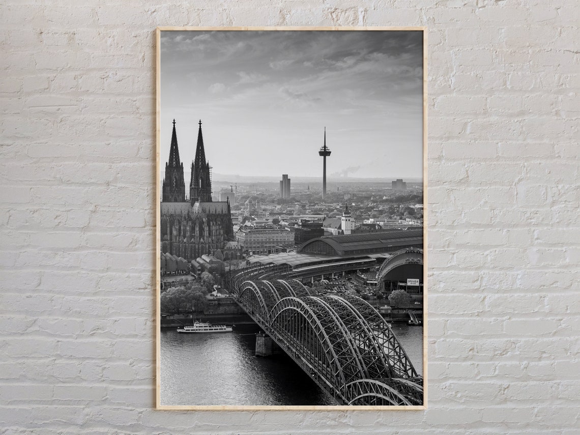 Black And White Cologne Cathedral Rhine Bridge Skyline Poster