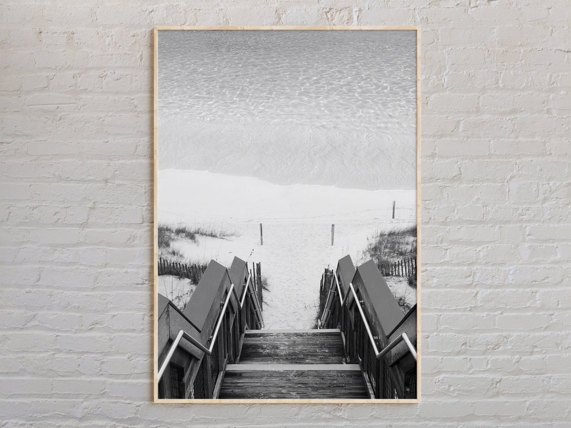 Destin Florida Beach Boardwalk Steps Black and White Sea Wall Print