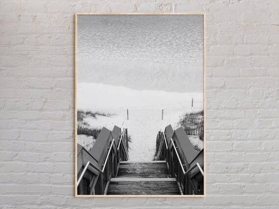 Destin Florida Beach Boardwalk Steps Black and White Sea Wall Print