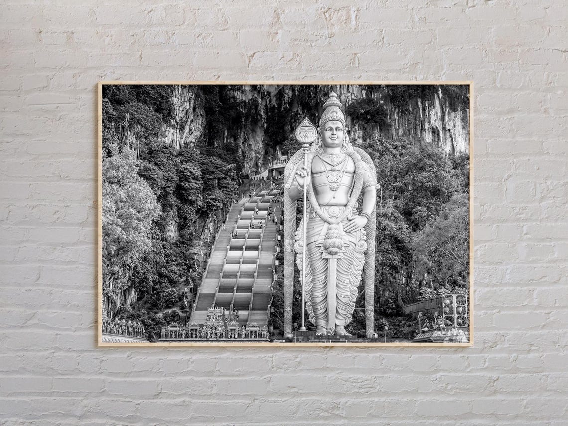 Batu Caves Malaysia Murugan Statue Black and White Staircase Poster