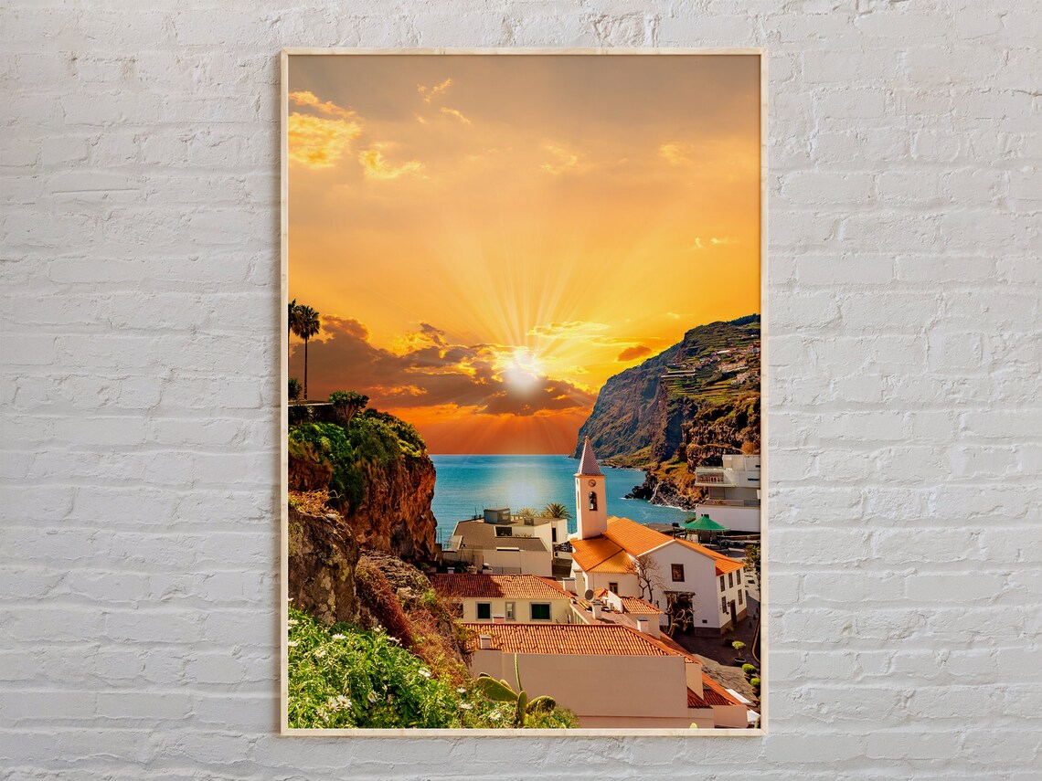 Portugal Coastal Village Sunset Church Sea Cliffs Ocean Poster