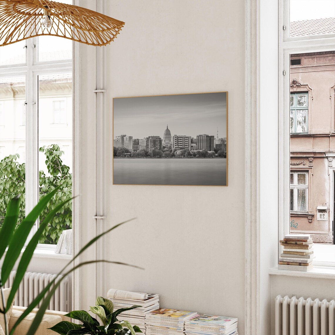 Madison Wisconsin Capitol Dome Black and White Lake Skyline Poster - Image 3