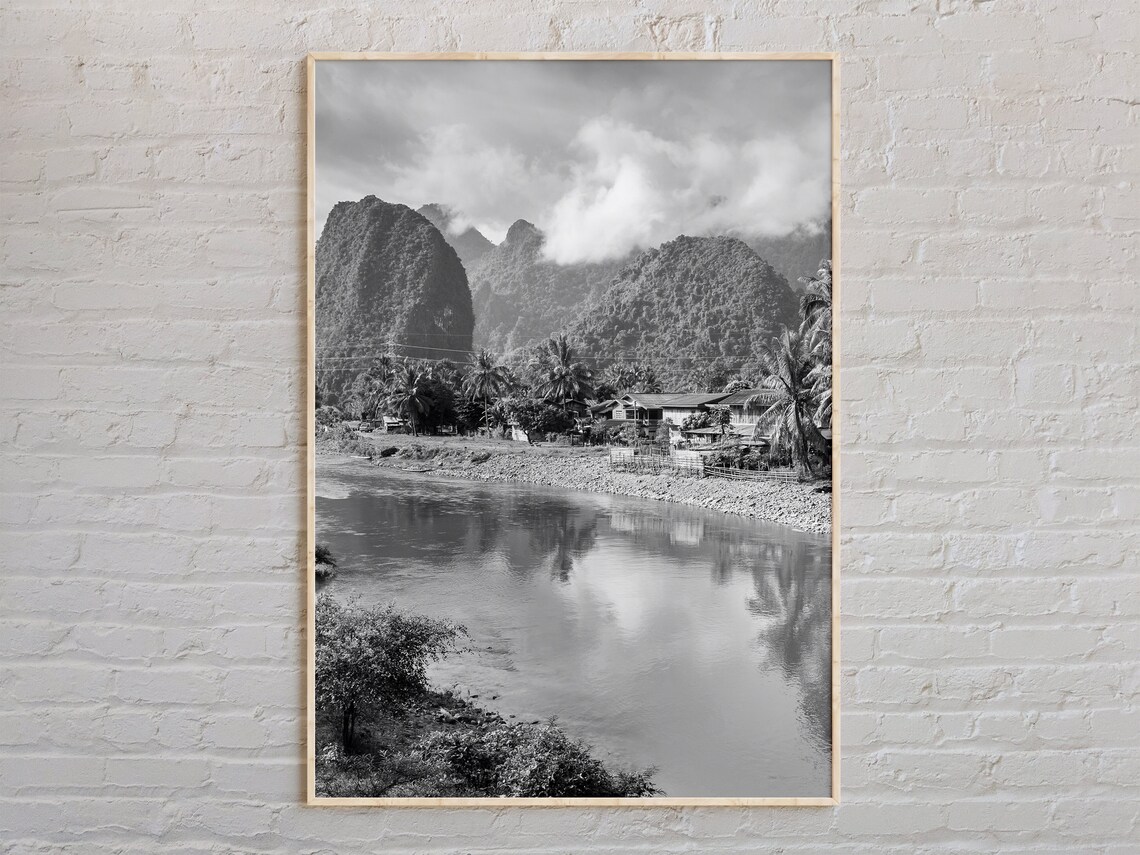 Laos River Karst Mountains Black and White Asia Travel Photo Poster