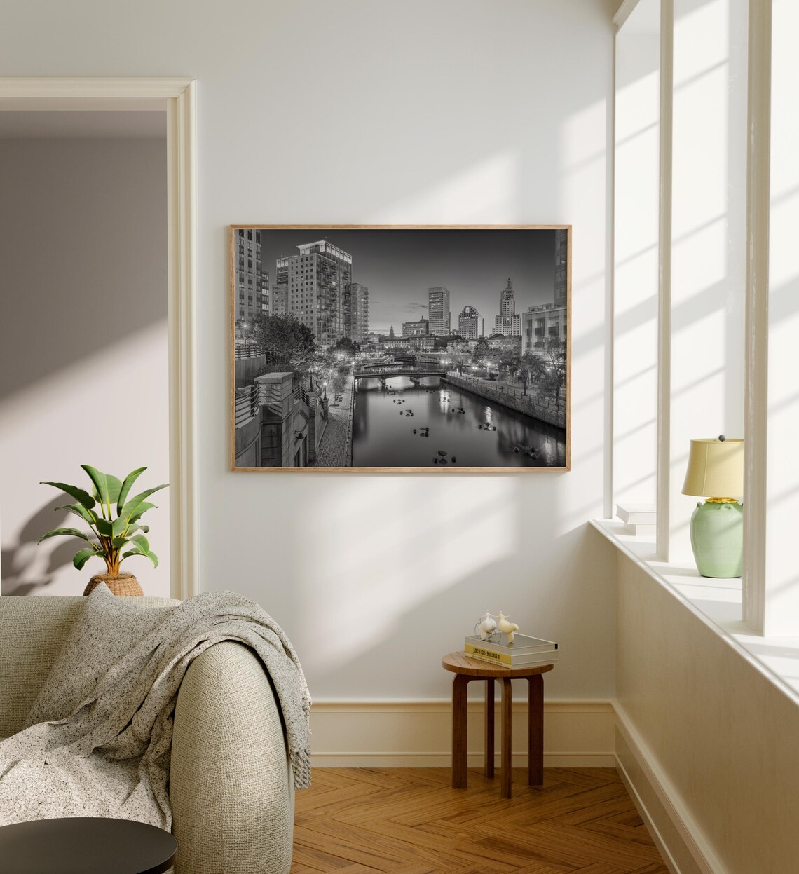 Providence Night River Bridge Skyline Black and White City Poster - Image 5