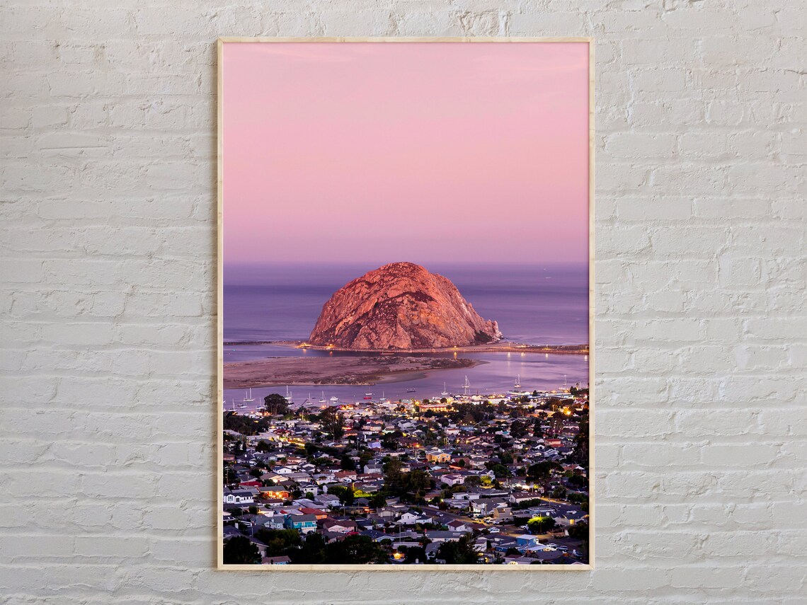 Morro Rock at Pink Sunset Harbor View California Coast Poster
