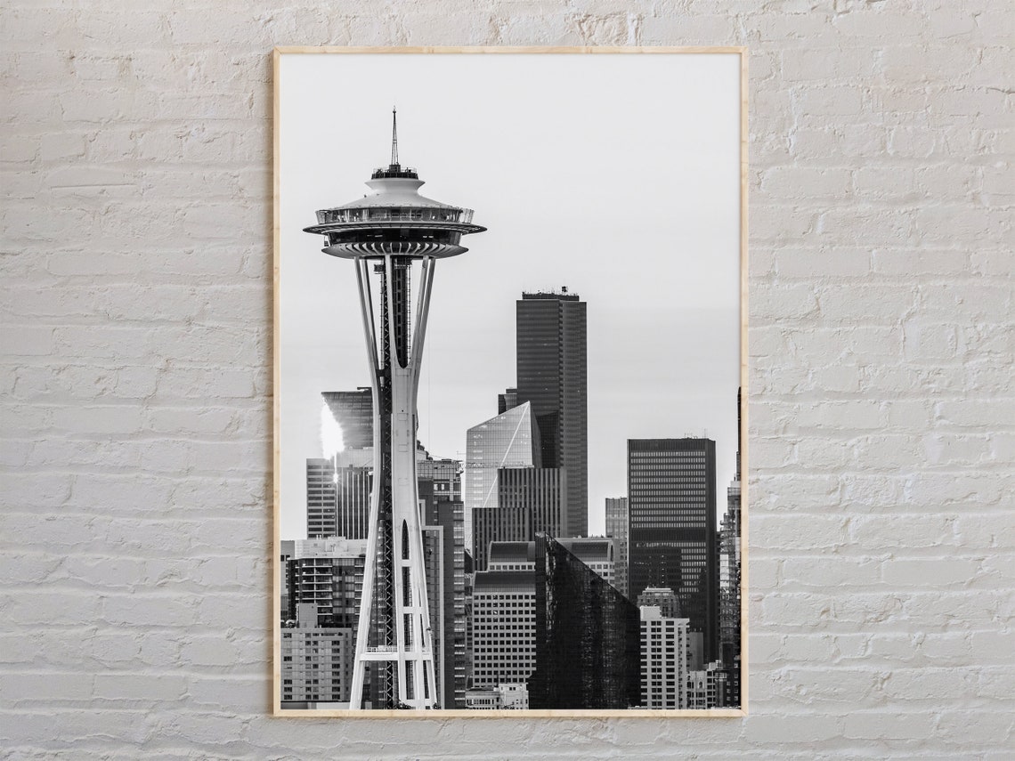 Seattle Space Needle Skyline Black and White City Photo Poster