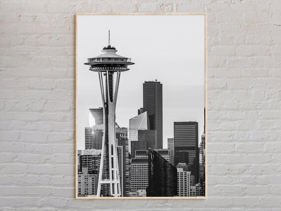 Seattle Space Needle Skyline Black and White City Photo Poster